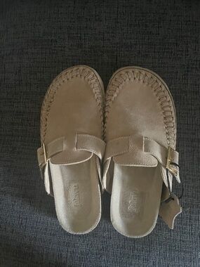 WomensTan Slip-On Mule Sandals with Buckle